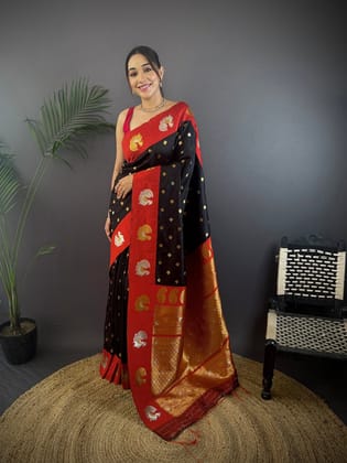 Black Soft Silk Butti Zari Weaving Contrast Weaving Border Banarasi Saree