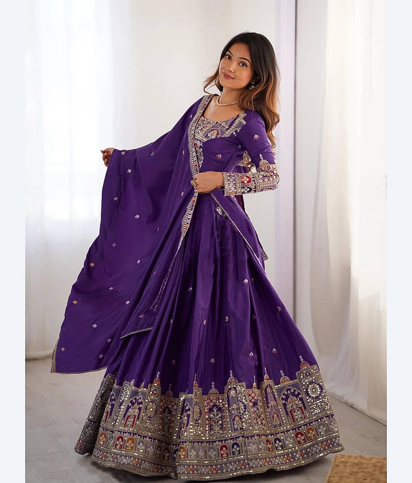 kedar fab Women Silk Circular Semi Stitched Lehenga Choli ( Purple )