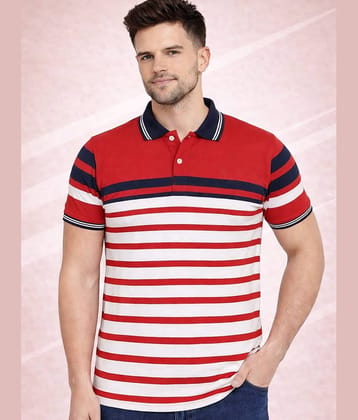 AUSTIN WOOD Men Cotton Blend Regular Fit Striped Polo T Shirt ( Maroon )