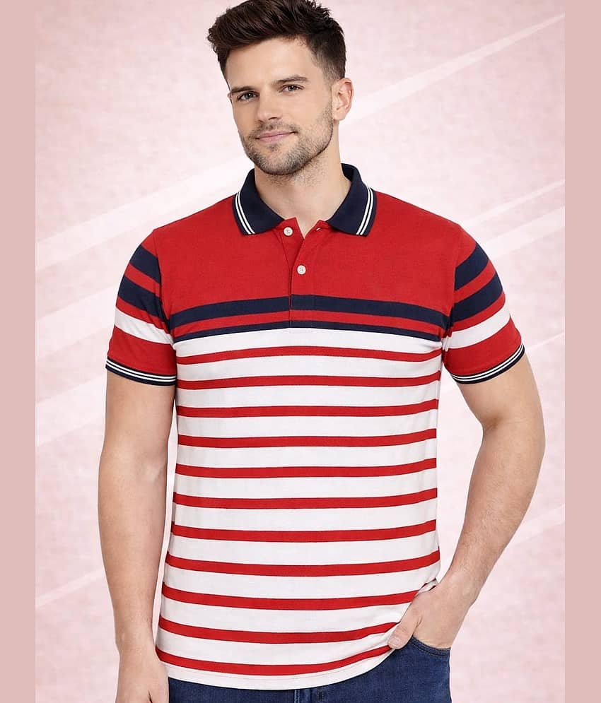 AUSTIN WOOD Men Cotton Blend Regular Fit Striped Polo T Shirt ( Maroon )