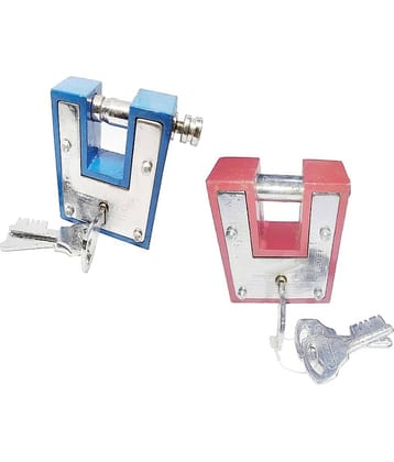 Unikkus Set of 2 Aligarh Bar Lock and key in red and blue color for Home, Shop, room, door and kitchen,100 MM, 3 Keys for each lock, Double Locking System Padlock