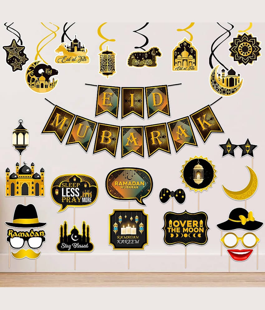 Zyozi ® Eid Mubarak Decorations Kit, Ramadan Mubarak Party Decorations - Banner, Swirls with Photo Booth Props/Eid Mubarak - Ramadan Mubarak Photo Props Party Supplies Decoration (Pack of 26)