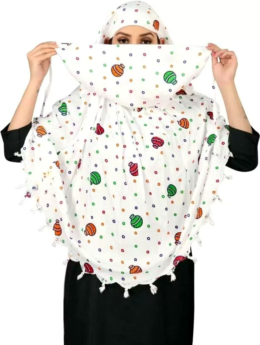 Shiv Textiles Women's Scarf for Summer Pure Cotton White Printed Design Soft Breathable Neck Wrap Headscarf Lightweight Sun Protection Stole Daily Wear Fashion Accessory