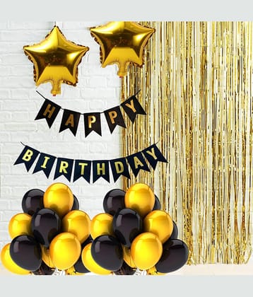 Pixelfox Happy Birthday Black Banner+ 2 Curtain (Golden)+ 2 Star (10 Inchs)(Golden)+ 30 pcs Balloons (Golden,Black)  for happy birthday decoration item, birthday decoration kit, birthday balloon decoration combo for Boys, Girls, Kids, husband and Wife.