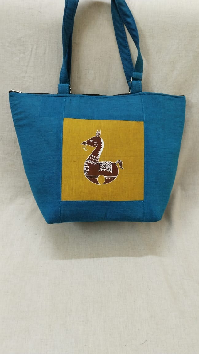 Hand Painted Shopping Teal and Golden Yellow Bag