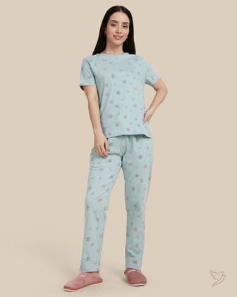 Floral Printed Co-ord Set - Aqua Loungewear-XS / Aquifer