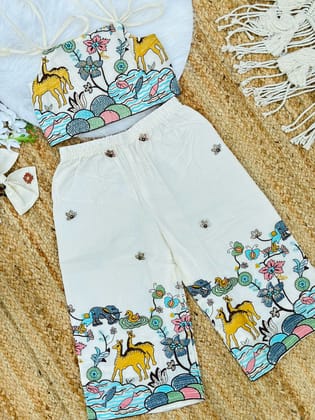 Pearlesecnt Embroidery Work on Khadi Cotton Fabric Kids Cord-Set-Beige / 0-6 Month