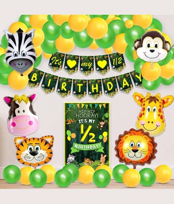 Zyozi Jungle Safari Half Birthday Combo Decoration Kids,Animal half Birthday Party Decoration Banner with Metallic Balloons, Paper Board and Foil Balloons for Boys Half Birthday (Pack of 38)