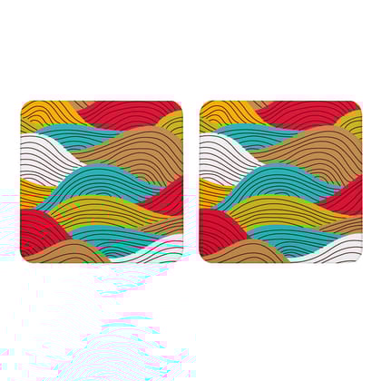 Multicolor Colorful Wave Pattern Set Of 2 Square Wooden Coaster
