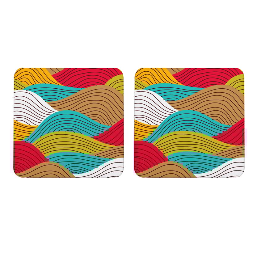 Multicolor Colorful Wave Pattern Set Of 2 Square Wooden Coaster