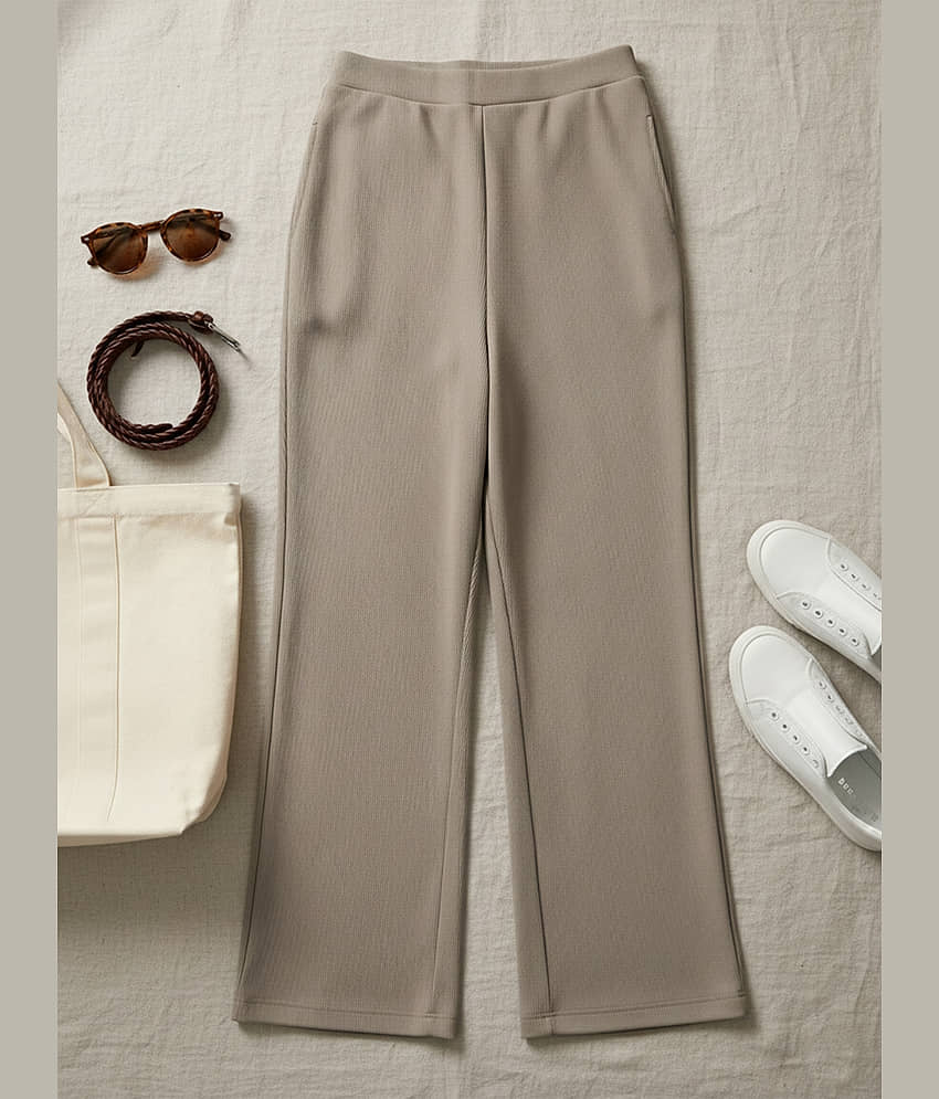 DE TRENDZ Women Cotton Blend Wide Leg Trousers ( Beige )