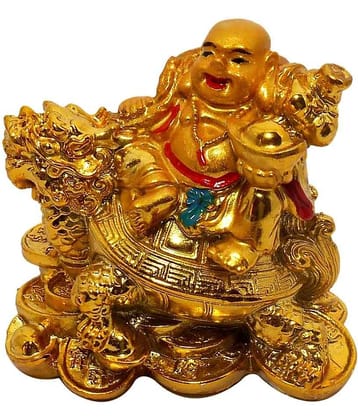 PAYSTORE Polyresin Feng Shui Laughing Buddha With Dragon Tortoise On Bed Of Wealth Decorative Showpiece (8 Cm, Gold)