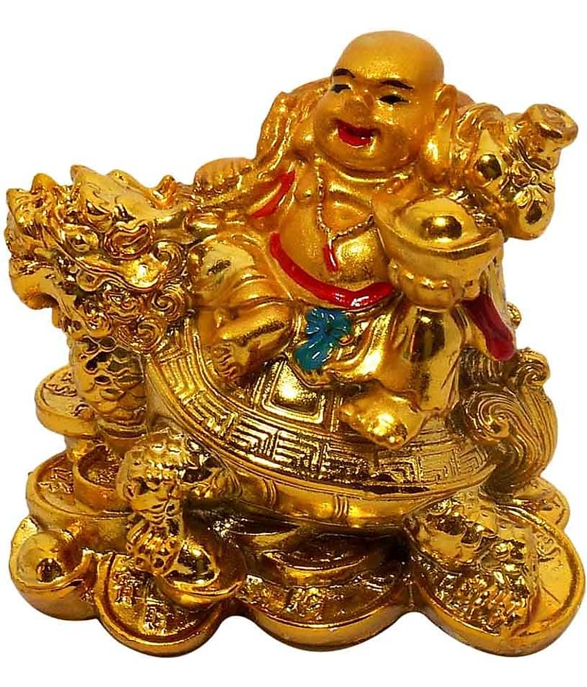 PAYSTORE Polyresin Feng Shui Laughing Buddha With Dragon Tortoise On Bed Of Wealth Decorative Showpiece (8 Cm, Gold)