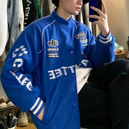 Embroidered Moto Varsity Jacket-XXL / Blue
