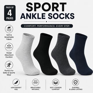 SANGCHAI 170526 PACK 4  Men Sports Ankle Socks Cotton Breathable Sweat Absorbent Daily Wear Socks for Men