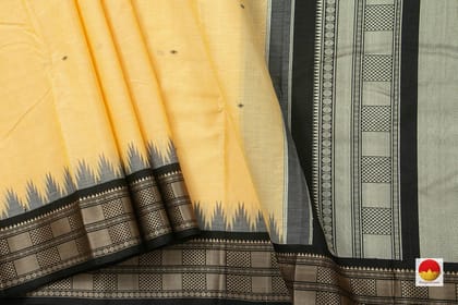 Cream And Black Kanchi Silkcotton Saree With Temple Korvai Border For Office Wear PV KSC 1235