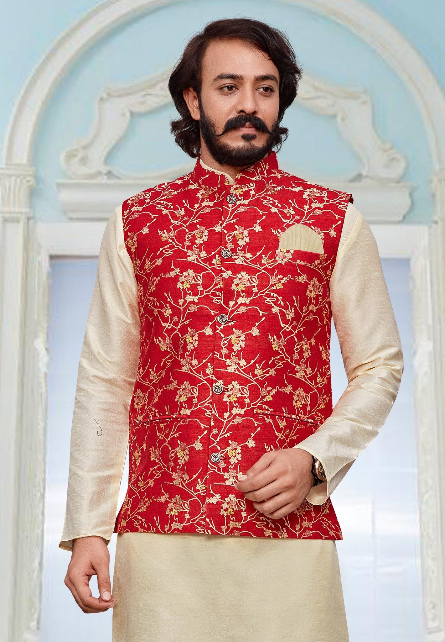 Red Nehru Jacket with Eye-Catching Self-Design Jacquard-S