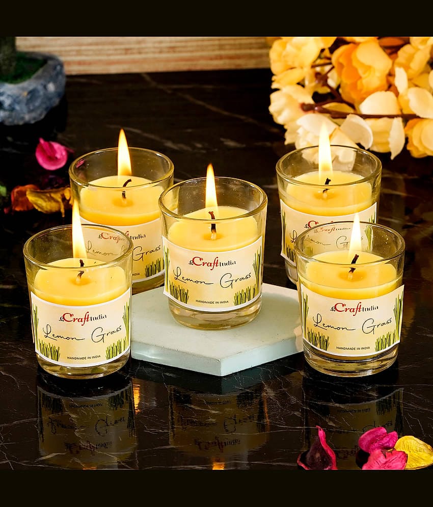 eCraftIndia Set of 5 Yellow Lemon Grass Scented Glass Candles