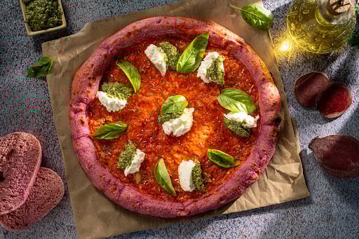 Beetroot Sourdough Pizza Marinara With Burrata & Pesto