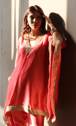 Coral Gold Laced Kaftan Set-XXS