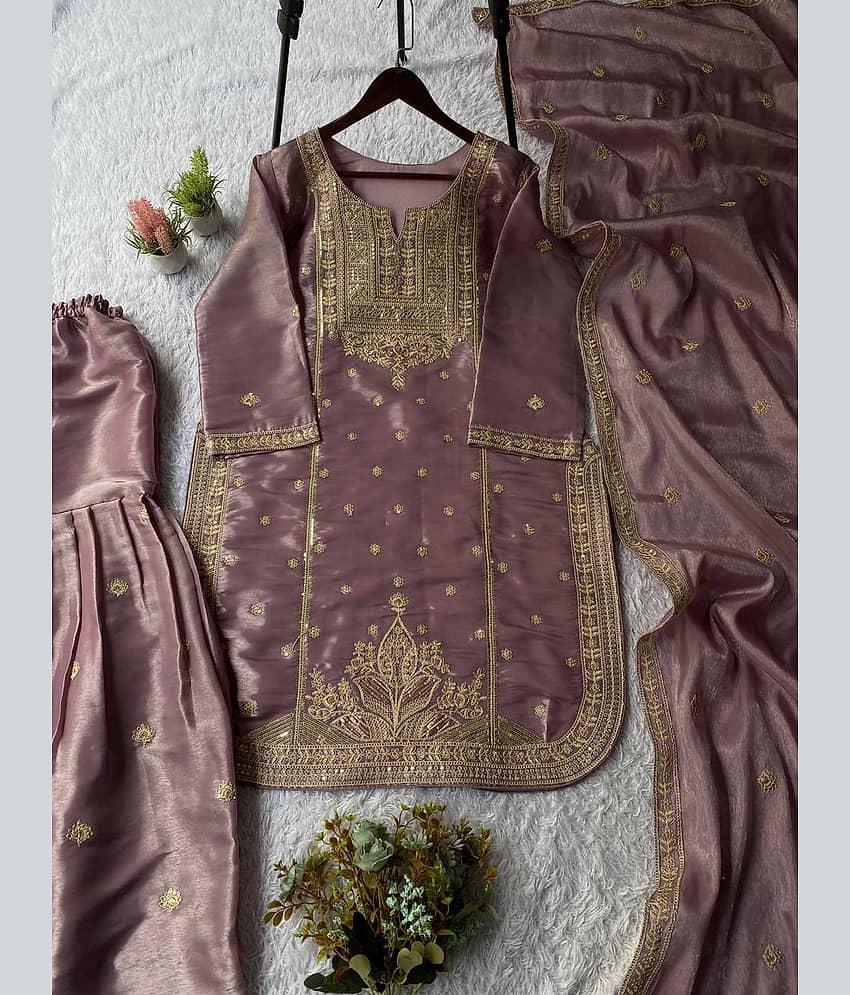 YASHASVI ENTERPRISE Women Silk Embroidered Ethnic Motifs Kurti With Patiala Salwar ( Purple )