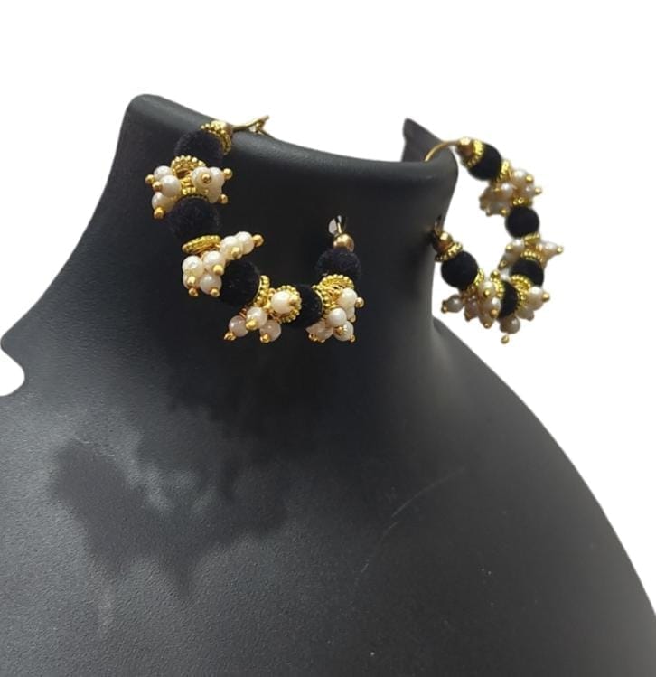 Black Velvet Pearl Hoop Earrings - Traditional Indian Jewelry