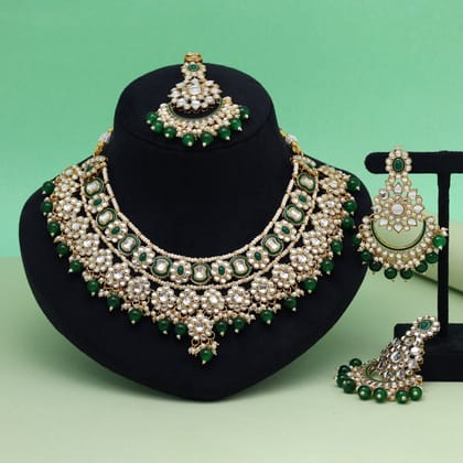 Green Color Meena Work Kundan Necklace Set (KN1457GRN)-Adjustable Rope / Green / Alloy With Good Quality Gold Plated
