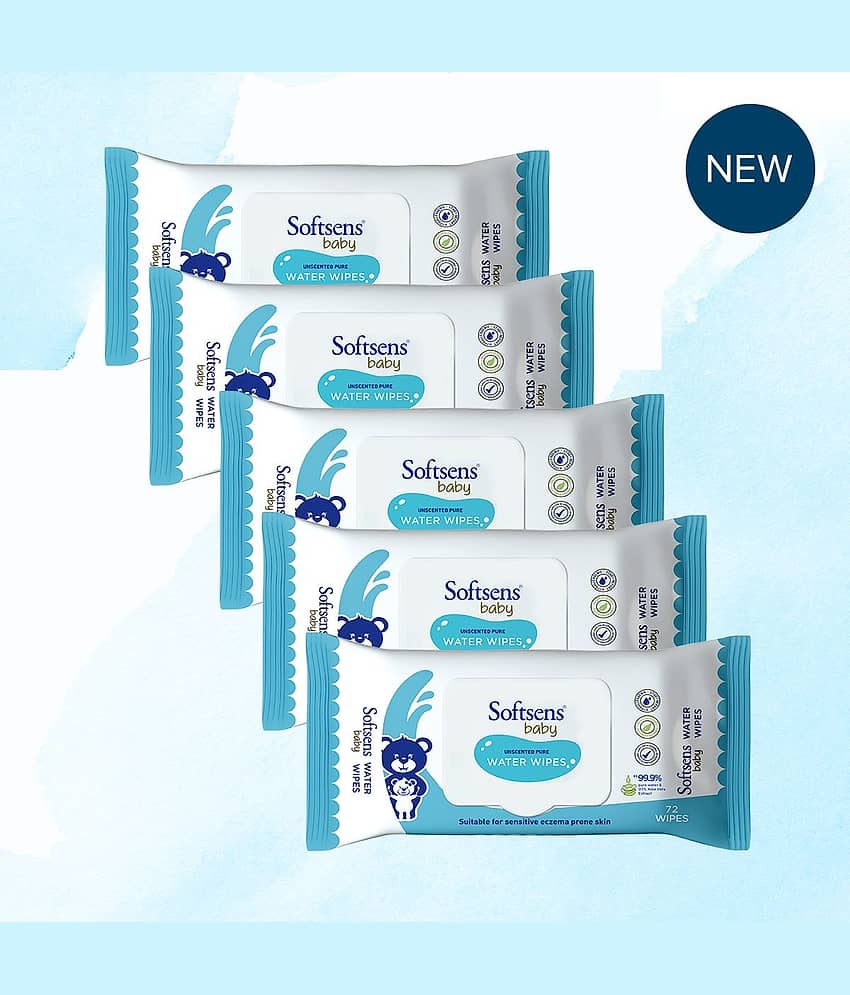Softsens Baby 99.9% Pure Water Wipes, Pure Aloe Vera Extract Wipes For Babies, 72 Wipes, Pack of 5