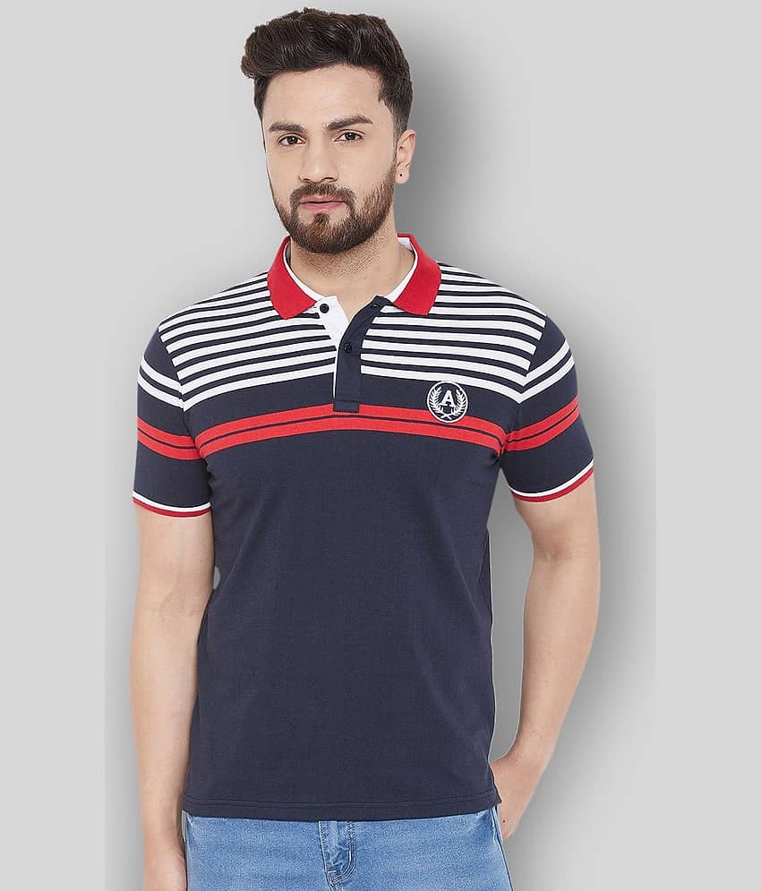 AUSTIN WOOD Pack of 1 Cotton Blend Regular Fit Striped Half Sleeves Men's Polo T Shirt ( Navy )