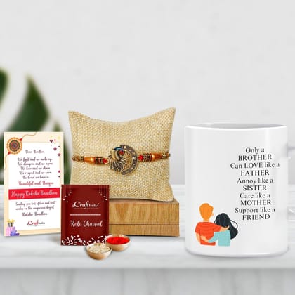 Designer Peacock Rakhi with Mug for Brother and Roli Chawal Pack, Best Wishes Greeting Card