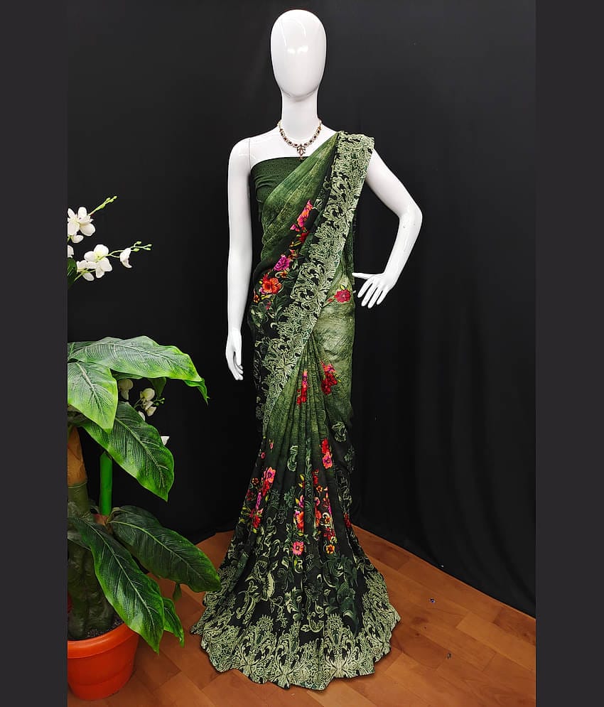 Kashvi Sarees Georgette Printed Saree With Unstitched Blouse Piece ( Green )