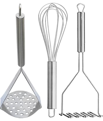 JISUN Stainless Steel Egg Whisk, Beater, Whisker & 2 Vegetable Masher / Pav Bhaji Masher / Potato Masher Silver Kitchen Tool Set
