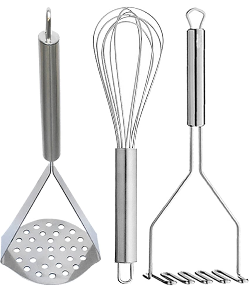 JISUN Stainless Steel Egg Whisk, Beater, Whisker & 2 Vegetable Masher / Pav Bhaji Masher / Potato Masher Silver Kitchen Tool Set