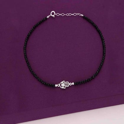 Sterling Silver Hamsa Black Beads Anklet-None / Silver