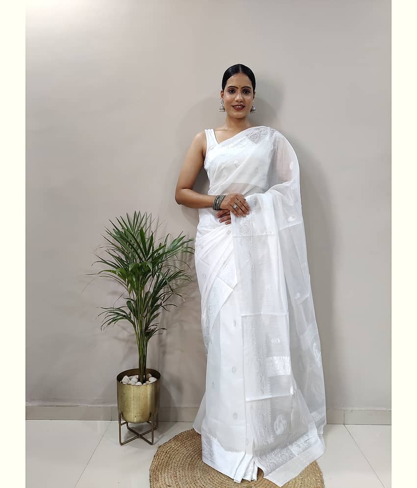 JULEE Banarasi Silk Embellished Saree With Unstitched Blouse Piece ( White )