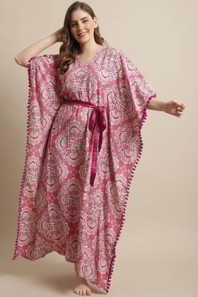 Pink Color Floral Printed Viscose Rayon Kaftan  For Women-s