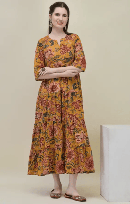 Mustard Yellow Floral Tiered Maxi Dress