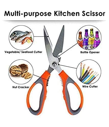 Stainless Steel Multi-Purpose Household and Kitchen Scissor, 2mm Thickness, Ergonomic Pack of 1 Multicolor