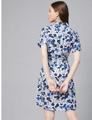 Women's Polyester Floral Short Sleeve Above Knee Dress (Blue - White, M)-PID55811