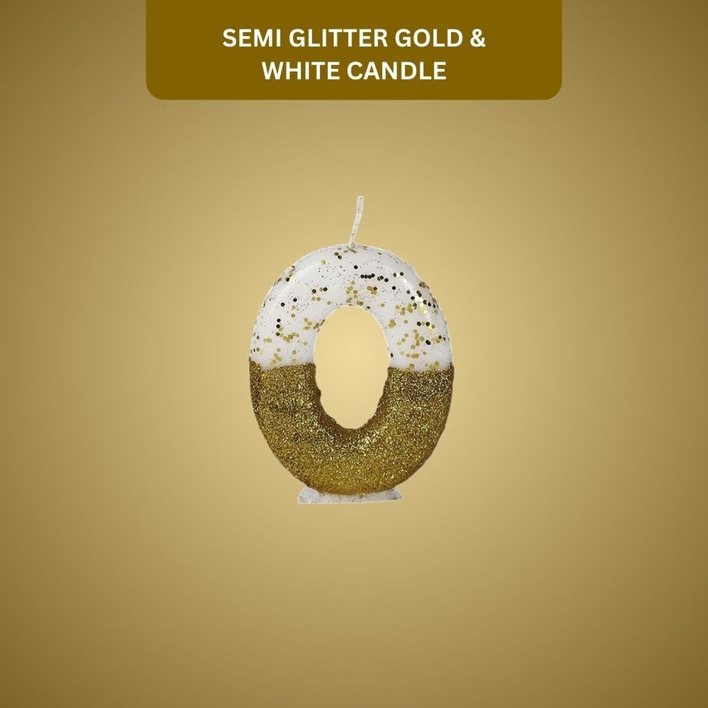 Number 0 Semi Glitter Gold & White Candle - 1PC - Party and Festive Needs | Buy online on ZillyBuy