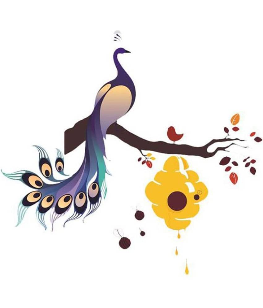 Print Mantras Peacock On the Branch with Honey Bees Nature Sticker ( 130 x 130 cms )