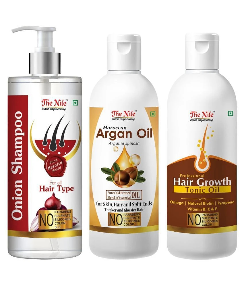 The Nile Red Onion Shampoo 200 ML + Argan 100 ML + Hair Growth Tonic 100 ML  Shampoo 400 mL Pack of 3