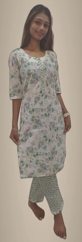 Mom And Me Cream Cotton Kurta Set (L) | Breathable Fabric, Printed Design | Daily Wear