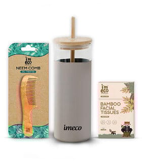 IMECO Eco-Sipper Bottle (Grey), Pocket Tissue (10 Pulls), Wide Tooth Neem Comb, Sustainable Everyday Essential Combo