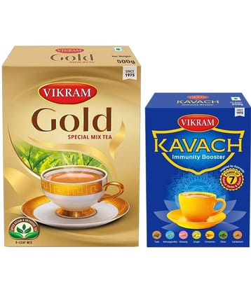 Vikram Tea Combo (Pack of 2) - Vikram Gold Special Mix Tea (Box) - 500gm | Vikram Kavach Immunity Booster Tea (Box) - 250gm