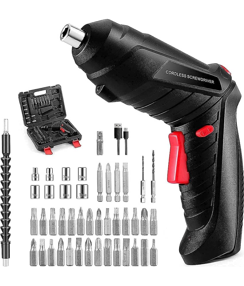 Shopper52 Electric Cordless Screwdriver Kit Set with USB Cable & Rechargeable Battery | Lightweight Design With LED Light | Screwing & Drilling Set For Home, Office & DIY Projects - Black