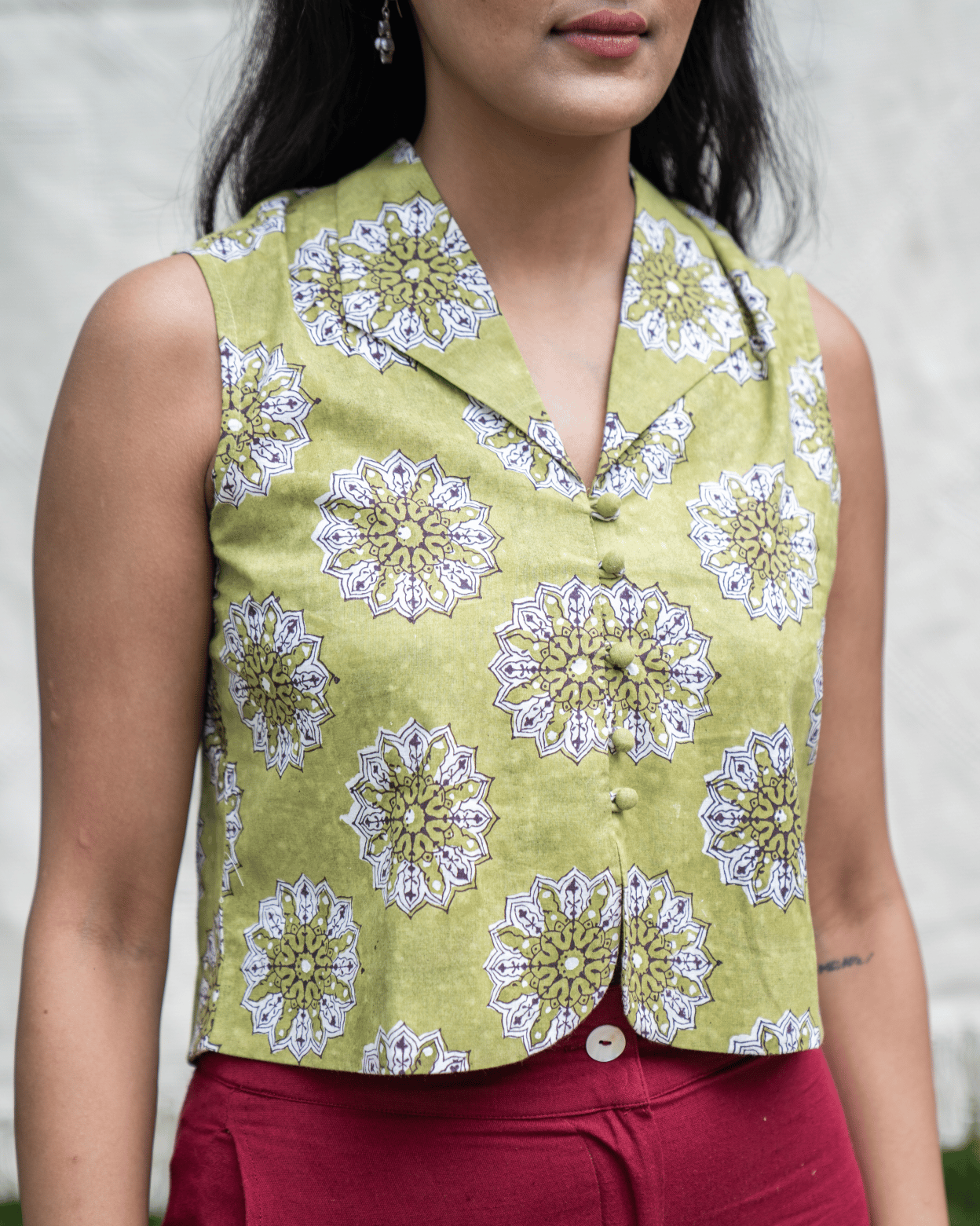 Hand Block Printed Shawl Collar Vest - Sharp Green-XS