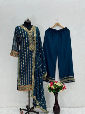 Party Wear Beautiful Top Plazzo And Dupatta With Embroidery Work