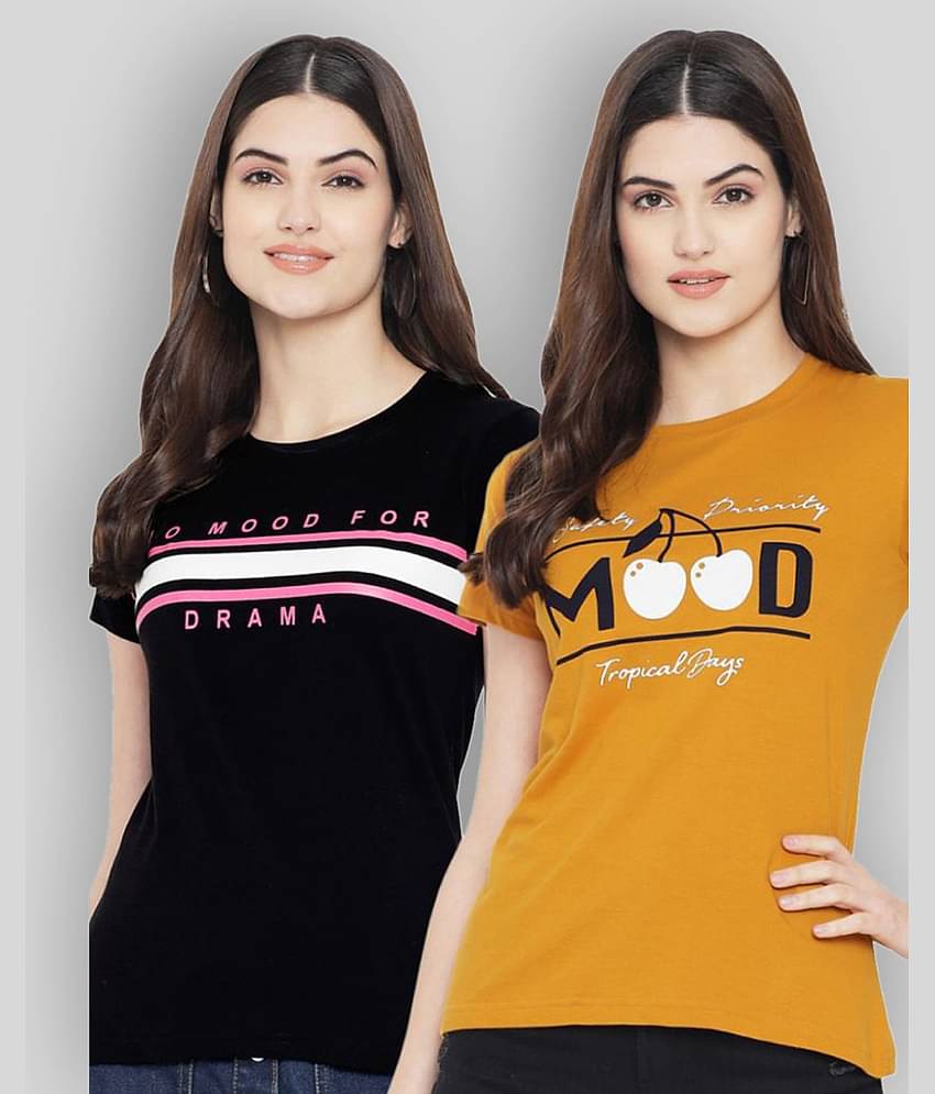 Fabflee Women Cotton Blend Printed Regular Fit Round Neck T-Shirt ( Multi Color )