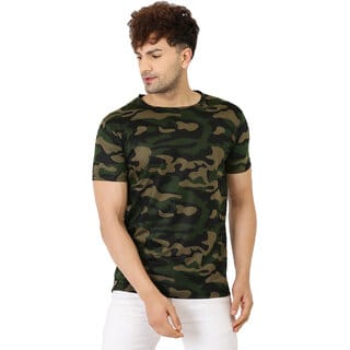 Leotude Men Olive Camouflage Cotton Blend Casual T-Shirt